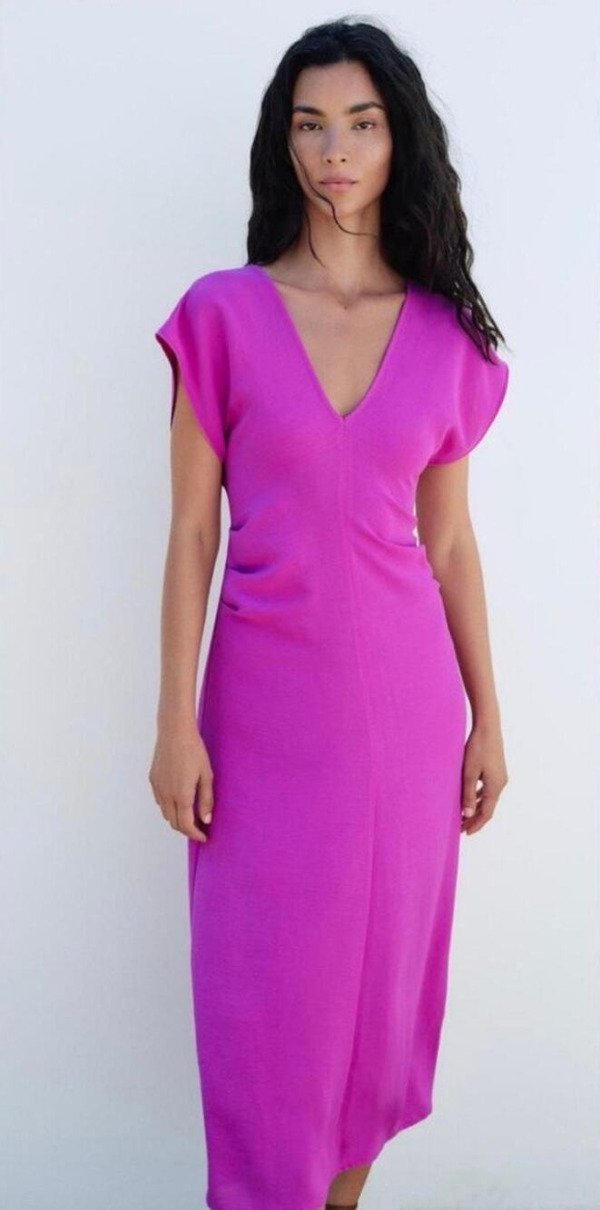 Zara Flowy Gathered Fuchsia Pink V-Neck Midi Dress, Size S 0264/171
